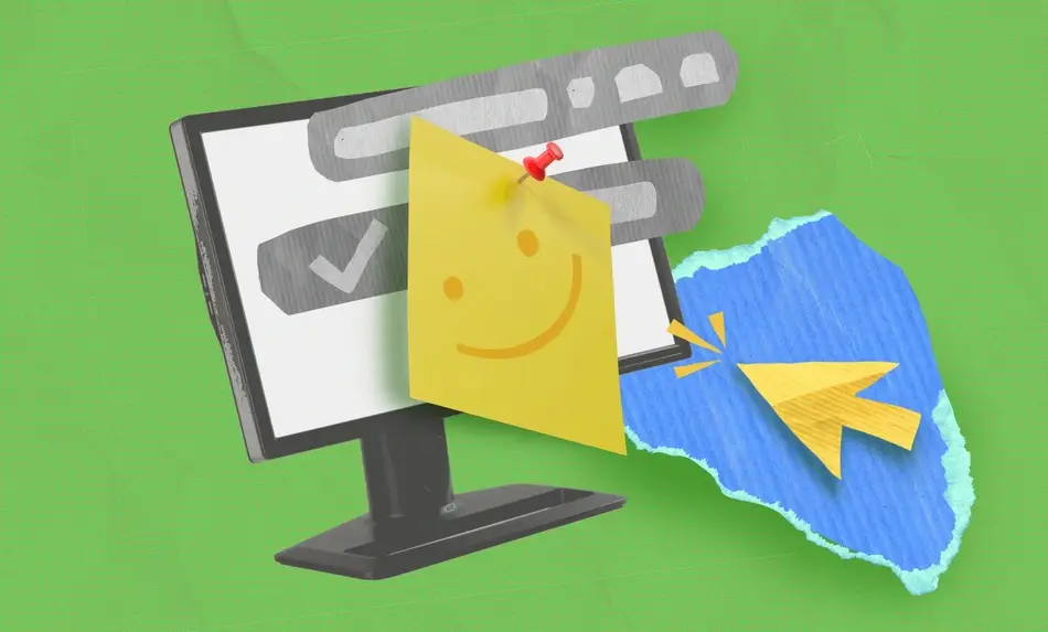 A collage showing a computer screen with a smiley face note