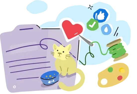 Illustration of a yellow cat sitting on a purple document with lines of text, surrounded by colorful icons including a red heart, green checkmark, blue thumbs up, water droplet, thread spool, paint palette, and food bowl, representing creativity and productivity elements.