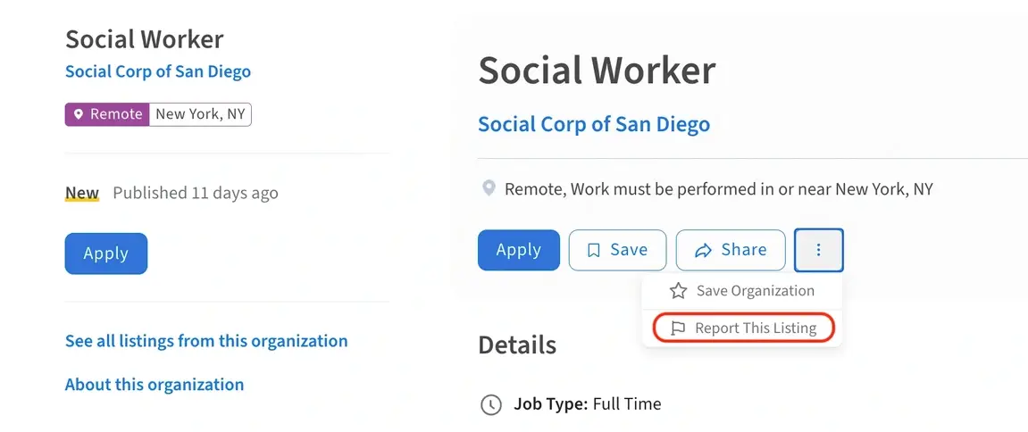 Screenshot of the Idealist website showing the Report This Listing button