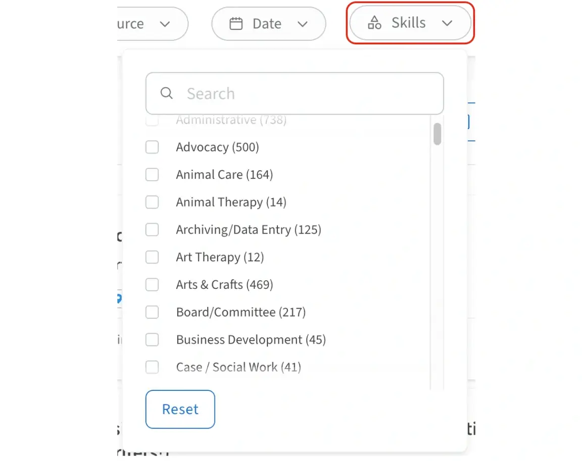 Screenshot of the Idealist website showing how to select Skills in a search
