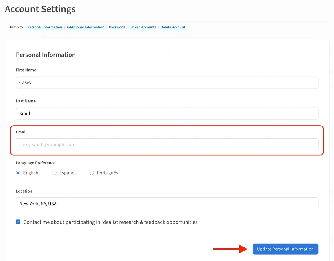 A screenshot of the Idealist website showing where to change your email and click "Update Personal Information."