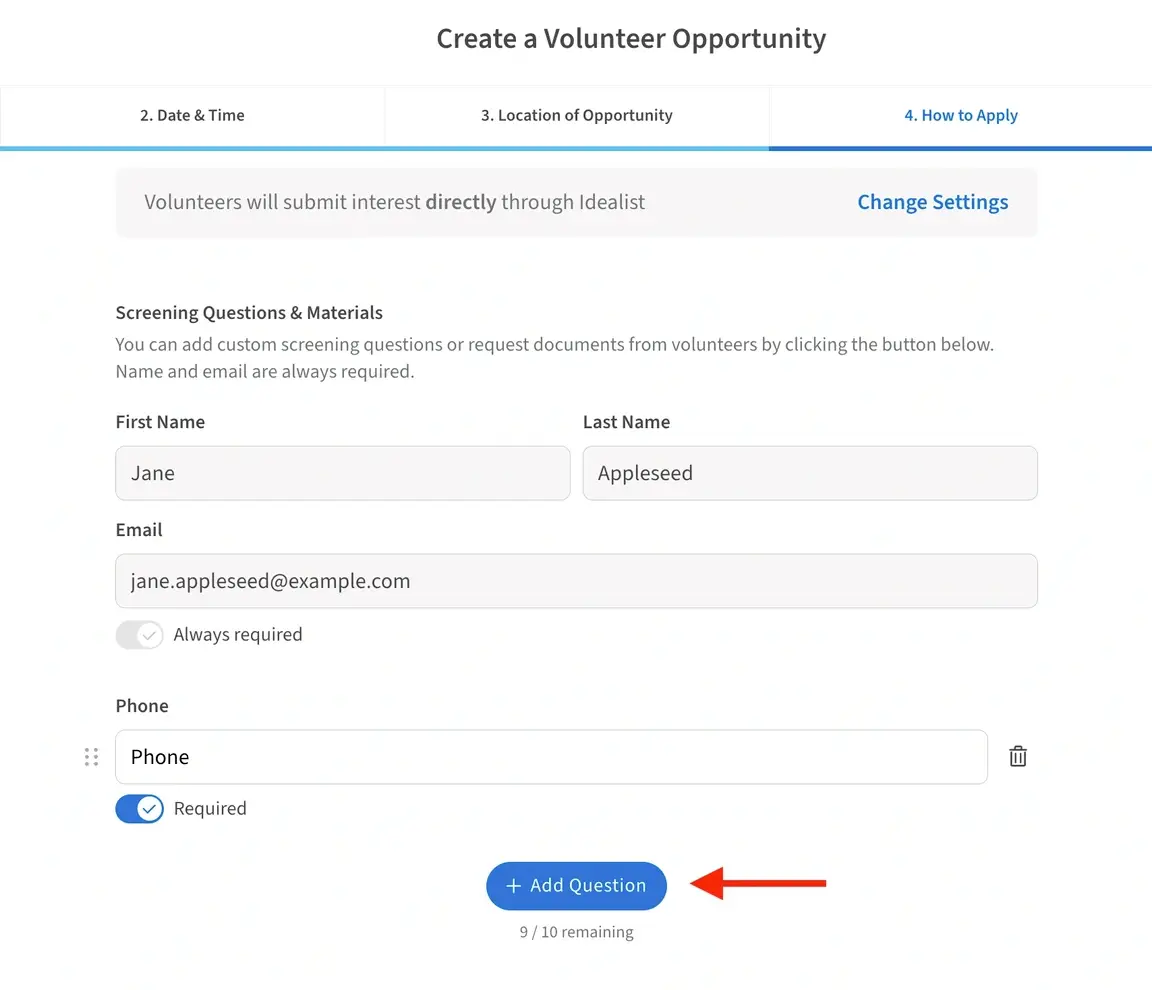 Screenshot of the Idealist website showing where to add document requirements to a volunteer listing