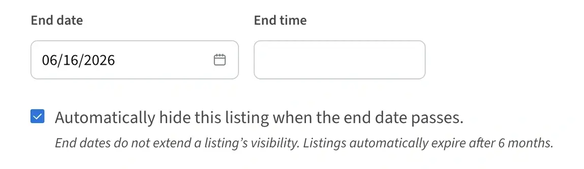 Screenshot of the Idealist website showing how to automatically hide a volunteer listing after an end date.